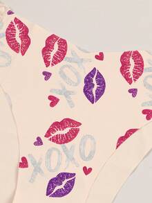 3件装女士内裤，简约舒适薄蕾丝印花，字母和嘴唇图案，亲肤百搭三角裤 - 杏色 - 查看 4