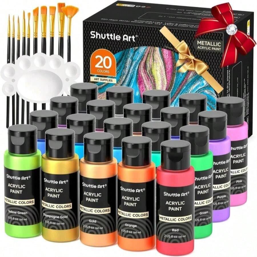 Shuttle Art Metallic Acrylic Paint Set, 20 Colors Metallic Paint In Bottles (60ml, 2oz) With 10 Brushes And 1 Palette, Rich Pigments, Artists, Beginners On Rocks Crafts CanvasWood Fabric - Màu B - Xem 1