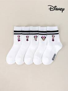 Disney 1/5 Pairs Kids White Invisible Socks With Parallel Stripe Pattern, Cute Cartoon Design, Fashionable Casual Breathable Socks For Students Boys And Girls - Multicolor - View 5