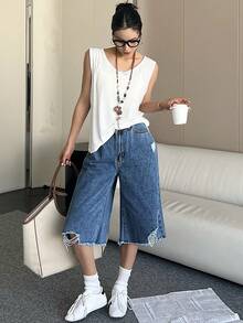 Y2K Distressed Loose 7/8 Length Jeans, Cotton Fabric, Street Fashion Essential For Summer - Dark Wash - View 2