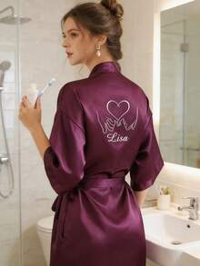 Customized Satin Bride Robe With Lace Trim, Customized Bride & Bridesmaid Wedding Robe, Personalized Satin Robe, Customized Bride Robe, Bridesmaid Robe, Wedding Party Robe, Lace Trim Robe, Customized Name Robe, Bride Robe Gift, Bridal Party Gift, Silky Loungewear, Bride Party Matching Silky Loungewear Gift - Multicolor - View 2