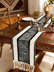 1 Piece Middle Eastern Islamic Style Geometric Zigzag Woven Table Runner, Black/White/Yellow Pattern With Fringed Edge, Durable Woven Material Table Decor, Ideal For Ramadan Festival & Traditional Dining Room, Matching With Carved Wooden Table & Copper Tea Set To Create Rich Cultural Atmosphere - Multicolor - View 5