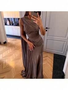 Spring And Summer Women's Pleated Streamer Satin Evening Dress - 紫色 - 查看 2