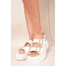 IKRUSH Chunky Double Buckle Studded Platform Sandals I39364  Wedge Chunky Platform Mid Heel Regular Length Regular Fit - White - View 11