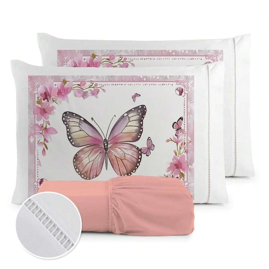 400 Thread Count Sheet Set With Hemstitch Edges, 3 Pieces, For Single, Double, Queen, And King Beds - 蝴蝶 - 粉紅葡萄酒 - 查看 1