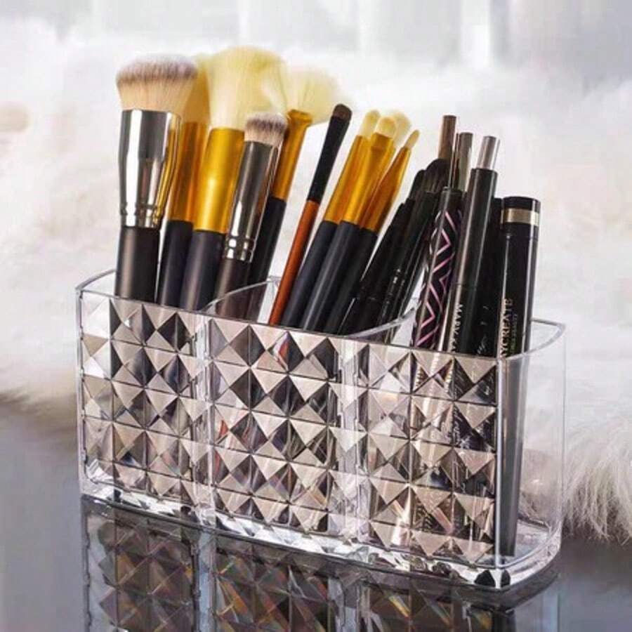 Diamond Brush Holder With 3 Compartments, Acrylic Desk Organizer For Makeup, Lipstick, Bathroom, Bedroom, Office, 16 X 6 X 7cm - 彩色 - 查看 1