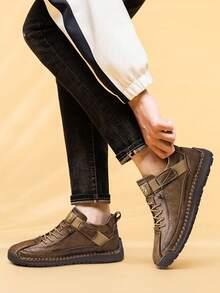 CLOHOO Brand Handmade Men's Shoes, Men's Casual High-Top Sneakers, Rubber Sole Breathable Comfortable Men's Ankle Boots, Handcrafted Outdoor Wear Men's Shoes, Provide Plus Size, Fashionable Youth Comfortable High-Top Men's Boots, Classic Style Men's Ankle Boots With Eyelets - Khaki - View 5