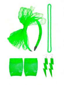 4pcs 70s, 80s, 90s Retro Neon Accessories Set, Including 1 Fuchsia Bow Headband, 1 Pair Earrings, Fishnet Gloves, 1 Beaded Necklace, Suitable For Theme Parties, Halloween, Costume Parties - Multicolor - View 5