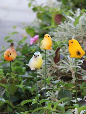 4件套户外花园装饰小鸟摆件，色彩鲜艳可爱手绘树脂小鸟，盆栽植物装饰，春夏款