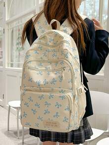 三件套尼龙蝴蝶结印花背包，可折叠多口袋大容量拉链背包，适合青少年、高中生、大学生、女士日常使用、通勤、旅行，也是理想的情人节礼物。时尚背包带铅笔盒，可爱蝴蝶结背包，返校必备，学习用品，书包，学生背包 - 藍色 - 查看 2