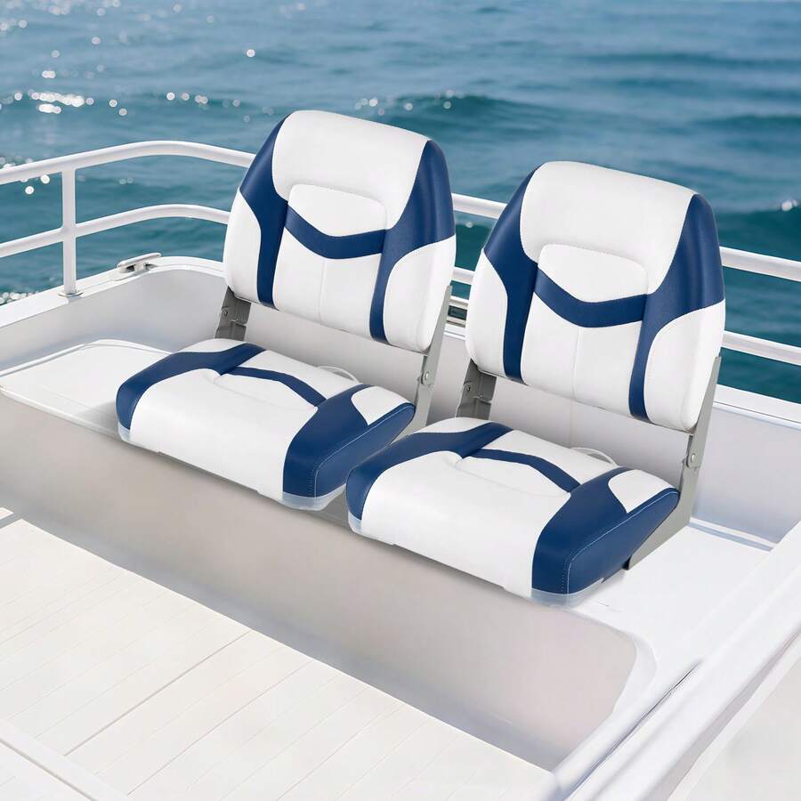 2-Pack Boat Seats Folding Low Back Boat Chairs W/ Sponge Padding Fixing Bolts - 藍色和白色 - 查看 1