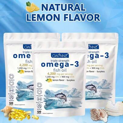  3PCS Gwynne Super Omega 3 Premium Limón Aceite De Pescado 4200mg,epa,dha Y Omega 3 Supplement,salud Del Corazón,salud Cerebral, Reducción Del Estrés,apoyo A La Salud Del Colesterol,120 Cápsulas