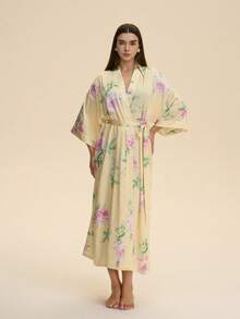 Retro Japanese-Style New Chinese Fashion Elegant Commuter Outfit Mid-Length Kimono Cover Up Robe Casual Homewear Sash Sexy Bathrobe Summer Beach Boho Swimsuit Cover-Up Sunscreen Jacket - Yellow - View 8