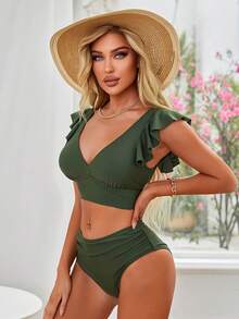 Conjunto de bikini bohemio con escote en V, mangas con volantes, nudo delantero y espalda descubierta para vacaciones de verano de mujer - Verde Oscuro - Ver 4