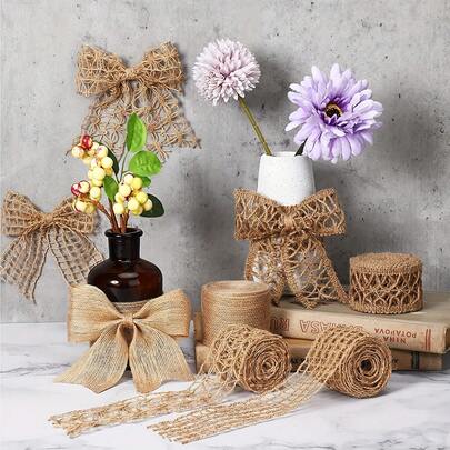 4 Rolls Natural Linen Lace Net, Decorative Woven Ribbon, Suitable For DIY Crafts, Wedding Decor And Home Decor, Earthy Beige Textured Pattern, Great For Holiday Parties, Gifts And Craft Supplies