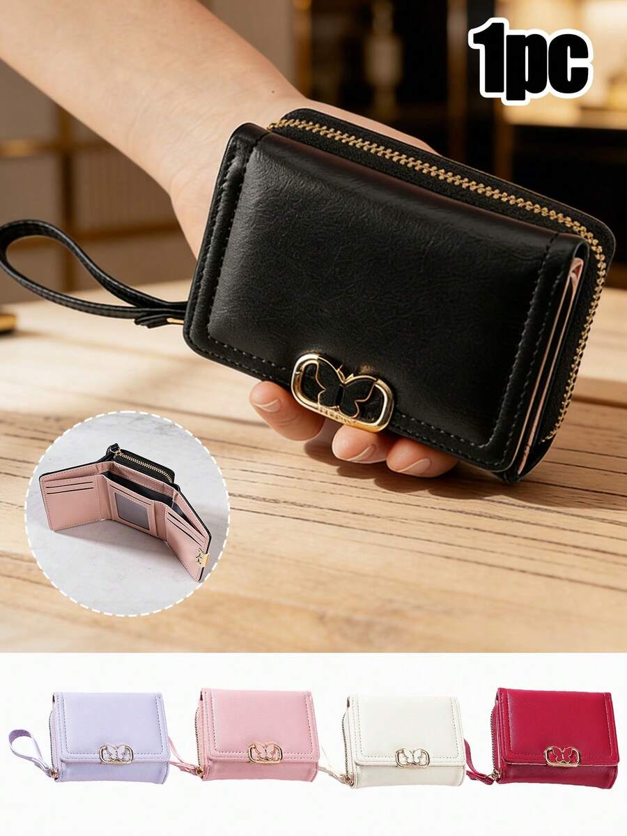 Portofel elegant cu trei pliuri pentru femei, portofel din piele sintetică de mare capacitate cu închidere fluture și accesorii aurii, design elegant cu trei pliuri cu închidere cu fermoar, sloturi multiple pentru carduri, compartimente pentru bani și buzunar securizat cu fermoar, poșetă subțire, dar încăpătoare, de zi cu zi, pentru cumpărături, serviciu, călătorii, petreceri, potrivit pentru femei și fete, accesoriu de modă și cadou - Multicolor - Vizualizare 1