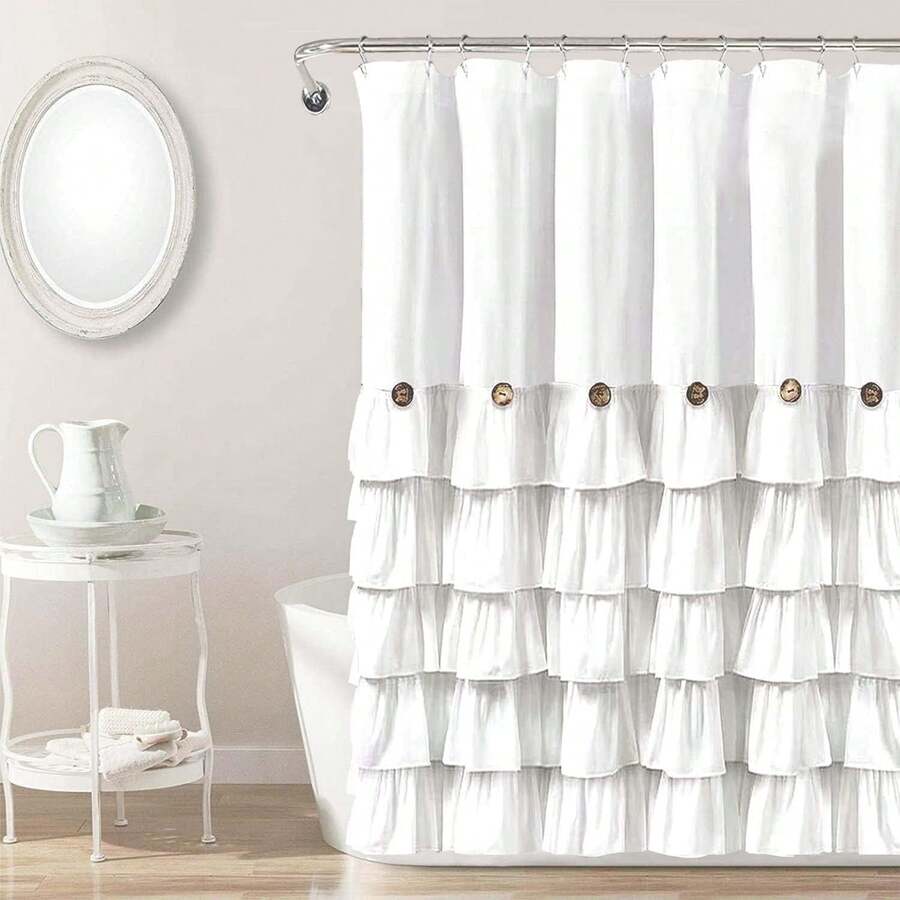 1pc Pure Polyester Coconut Button Ruffle Shower Curtain, Handmade Ruffle Trim, Pure Polyester Bathroom Accessory, Bathroom Window Curtain, 72*72inch/182cm*182cm - Multicolor - View 1