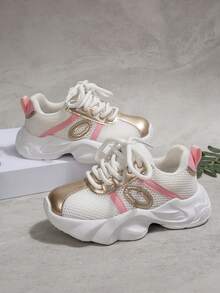 儿童时尚运动鞋，春秋新款简约女童鞋，厚底运动鞋，软底防滑网面透气跑步鞋，婴儿鞋，女童运动鞋 - 粉色 - 查看 1