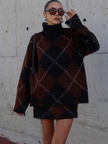 Elegant Women Vintage Rhombus Pattern Skirt Set, Suitable For Autumn/Winter - 棕色 - 查看 6