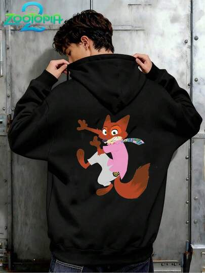 Disney 疯狂动物城系列时尚史迪奇印花连帽衫，男士宽松长袖抽绳连帽衫，秋冬印花连帽衫（男士套头连帽衫，黑色连帽衫，白色连帽衫，冬季连帽衫，灰色连帽衫，男士冬季连帽衫，加大码连帽衫）