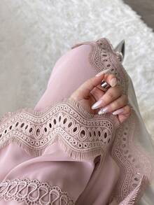 女士长袍套装，蕾丝边开襟长袍，内含无袖连衣裙和雪纺头巾 - 轻盈、端庄、透气，适合春夏穿着，优雅派对礼服 - 粉色 - 查看 4