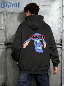 Sweat à capuche imprimé Stitch de la série Disney, sweat à capuche ample à manches longues et cordon de serrage pour hommes, sweat à capuche imprimé Disney pour l'automne/l'hiver - Noir - Voir 3