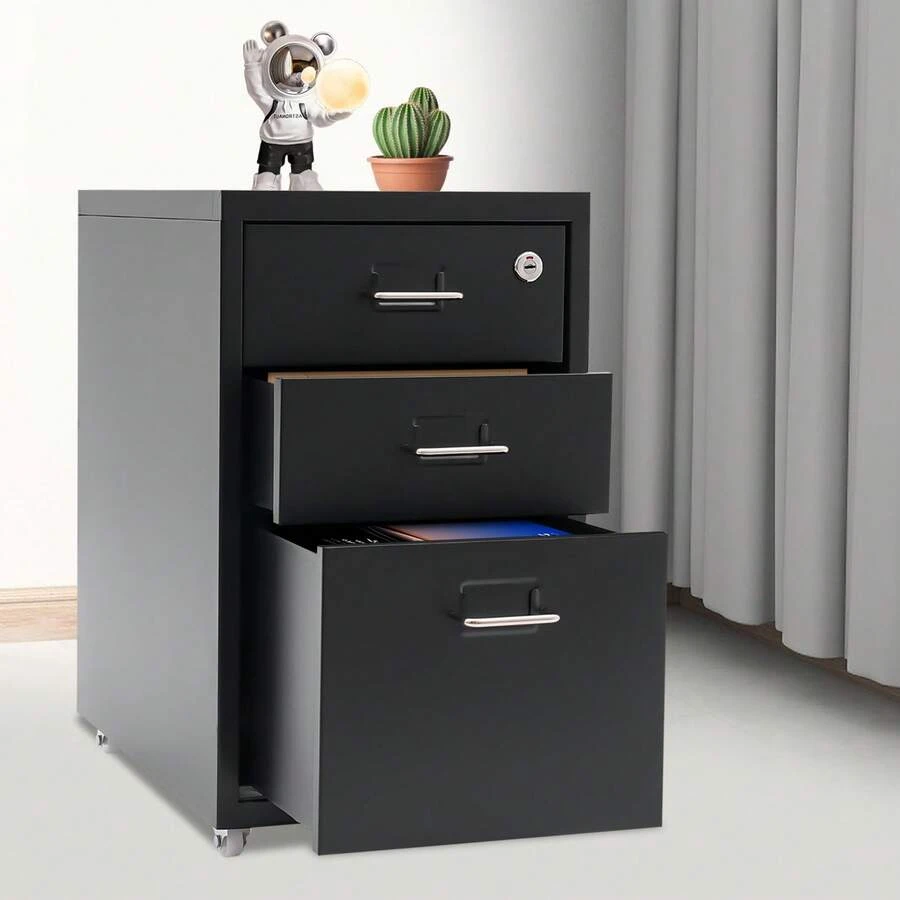 Vertical File Cabinet, Metal Mobile File Cabinet With Lock, Filing Cabinet Under Desk - 黑色 - 查看 1