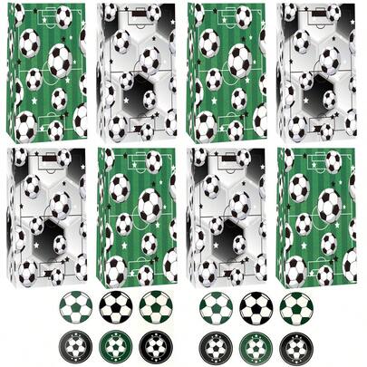 24 piezas Bolsas de fiesta con tema de fútbol/fútbol, 12 bolsas de papel + 12 pegatinas, regalos con estampado de fútbol, bolsas de merienda para fiesta de cumpleaños de juegos deportivos con asas