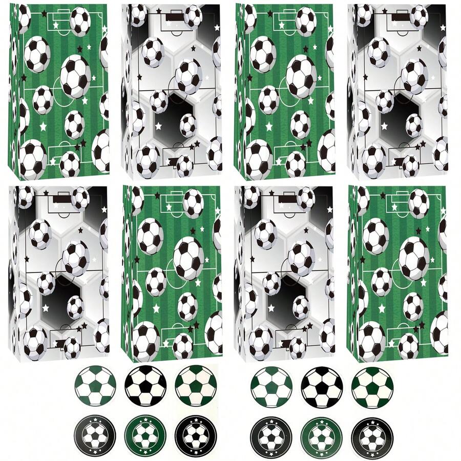 24个足球主题派对礼品袋，12个纸袋+12张贴纸，足球图案礼品袋，运动游戏生日派对零食袋（带提手） - 彩色 - 查看 1