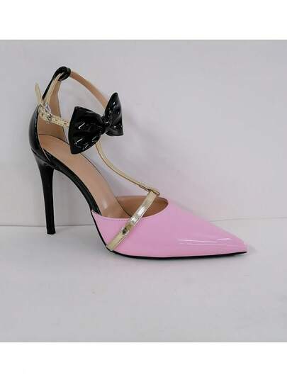 Women's Pointed Toe Thin High Heel T-Strap Bow Decor Pink High Heels, Sexy & Fashionable For Christmas Party