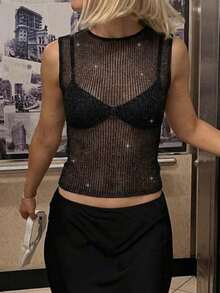 Women's Black Sequin Knit Tank Top | Crew Neck Sleeveless Sparkly Crop Top For Party & Night Out Summer - Black - View 5