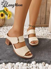 LangMoon 2026 Beige Rhombus Pattern Chunky Heel Slides, Textured Rhombus Upper + Stabilizing Chunky Heel, Visually Elongating Without Foot Fatigue, Non-Slip & Durable Outsole For Comfortable Long-Wear, Classic & Versatile For Commuting, Dating, And Strolling, Elegant Spring/Summer Footwear - Beige-diamond Pattern - View 3