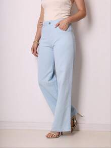 Women's Wide Leg Jeans, High Waist, Butt Lifting Design - Baby Blue - View 3