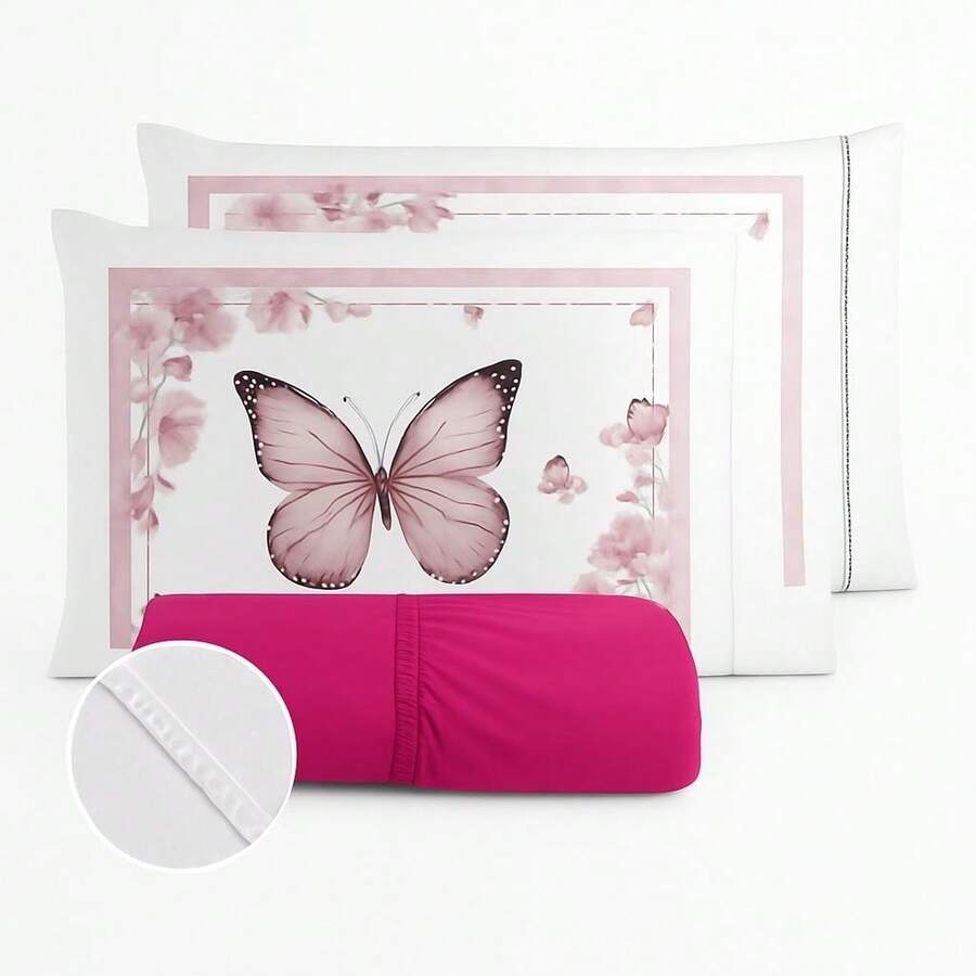 400 Thread Count Sheet Set With Hemstitch Edges, 3 Pieces, For Single, Double, Queen, And King Beds - BUTTERFLIES - PINK - View 1