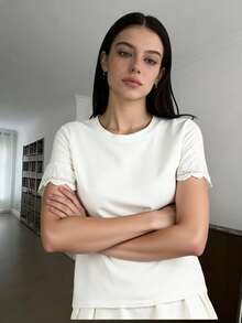 Women's Plain Blouse, Summer/Spring Style, Round Neck, With Lace, Eyelet Embroidery, Fan Shape, Ruffled Hem, Beach Style - White - View 5