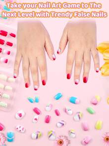 144 Stück Kinder Nagel-Salon Set, mit makronenfarbenenen Cartoon-Kunstnägeln, selbstklebenden Nagelaufklebern und niedlichen Farbverlauf-Nagelaufklebern. Perfekt für Mädchen DIY Nail Art, Heimpartys und Geburtstagsgeschenke.