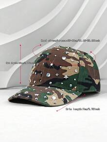1顶迷彩水钻棒球帽，时尚男女通用户外可调节帽，涤纶材质，春夏款 - 彩色 - 查看 4