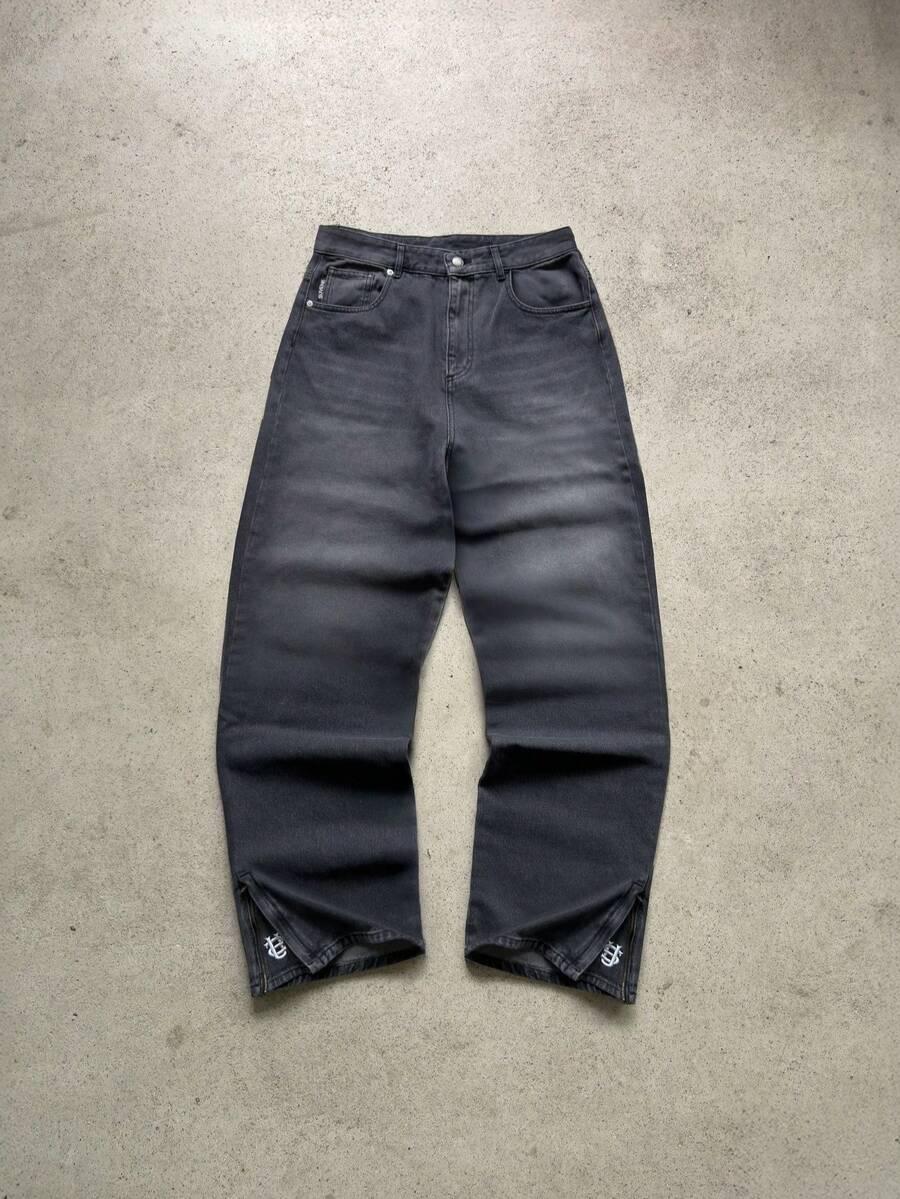 Pantalones vaqueros bordados de marca retro, unisex, estilo Y2K, de alta calle, holgados, versátiles y de corte recto - Negro - Ver 1