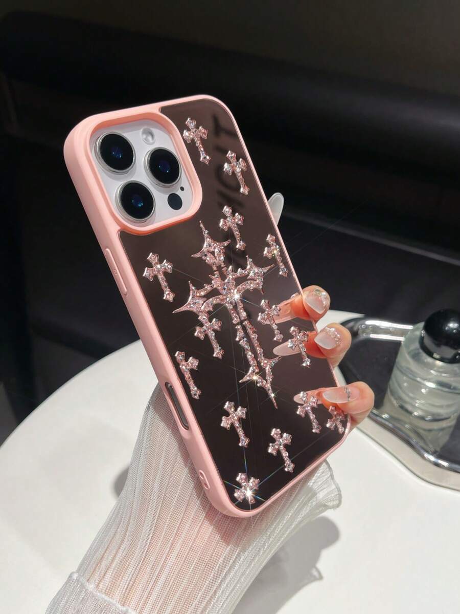 1 Peça Capa de Telefone 2 em 1 Resistente a Choques com Espelho Incrustado de Pedras Rhinestone, Sensação de Pele de Spray Rosa, Compatível com iPhone 14 Pro Max/17 Pro Max/15 Pro Max