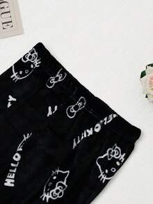 SANRIO Cartoon Flannel Pajama Pants, Thickened Fleece, Anime Style Women's Sleepwear, Couples' Loungewear, Casual Home Wear, Ideal For Sleeping Or Relaxing In Autumn/Winter, Holiday Gift, Birthday Gift, Back To School Gift, New Year Gift - Black - View 8