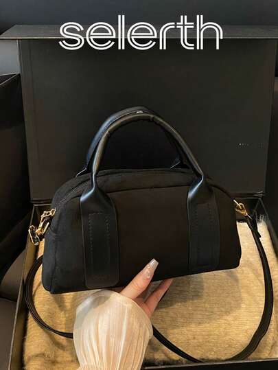1pc Black Suede Elegant Minimalist Vintage Quilted Comfortable Handle Smooth Zipper Lightweight Diagonal Shoulder Handbag Tote Suitable For Women, Autumn/Winter Work, Daily, Commute, Social Gathering, Business, Shopping, Fits Phone, Wallet, Lipstick, Keys, Tissue, Storage Bag, Fashionable