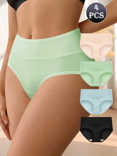 QUASTI 4条装女士无缝高腰尼龙内裤 - 透气内衣套装，收腹平滑三角裤，柔软弹力隐形内衣多件装，隐形贴身穿着