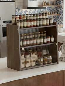 无框厨房储物盒，亚克力推拉门，复古风格，非常适合存放小物件和玻璃器皿，梯形设计，方便放置于台面，安装简便。 - 胡桃色 - 查看 6