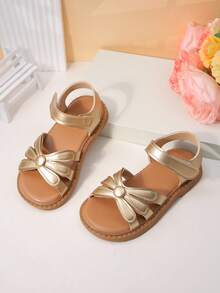 1 Pair Toddler Metallic Bow Wide Strap Breathable Material Lightweight Open-Toe Adjustable-Strap Flat Casual Sandals Summer Outing - Brown - View 3