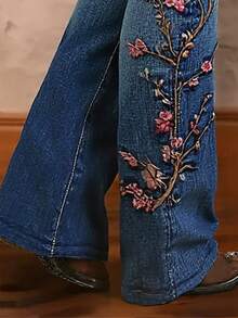 Women's Floral Embroidered Flared Boot Cut Jeans, Boho Vintage Denim Pants - 藍色 - 查看 5