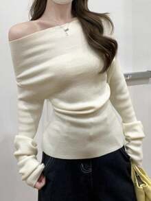 春季韩版优雅露肩修身针织长袖套头衫 - 杏色 - 查看 2