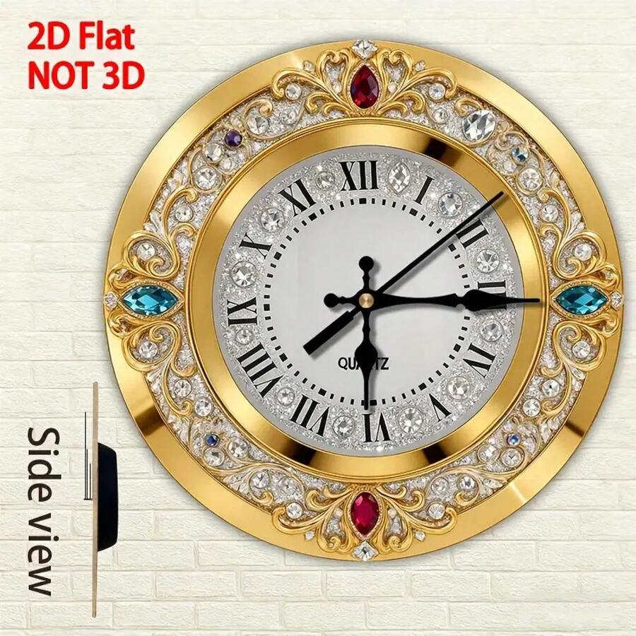 1 Piece 2D Printed Gold Multi-Gemstone Crystal Decorative Wooden Wall Clock, Diamond Effect/Pattern Wooden Wall Clock, Silent, Wooden Frame, Suitable For Home, Kitchen, Pool Or Bathroom Decoration, Home Wall Decoration, Vibrant Art Clock, Fine Craftsmanship, Living Room Wall Clock, 2D Flat, (AA Batteries Not Included) SZ - 1 - View 1