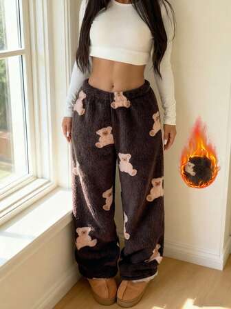 Dambyxor med vida ben och foder i sött björnmönster för vintern, varma och bekväma