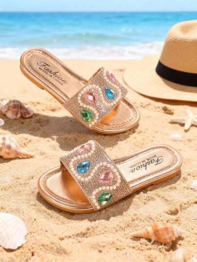 1 Pair Girls' Beach Slippers, Colorful Gemstone Geometric Pattern With Pearl Decor, Faux Leather Material, Non-Slip Sole, Open Toe Flat Style, Luxurious Resort Vibe, Suitable For Summer Beach And Strolling