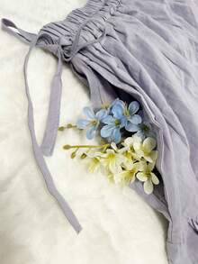 Women Flared Midi Skirt With Embroidery And Fake Drawstring Casual Boho Woven Fabric Skirt - Dusty Blue - View 3